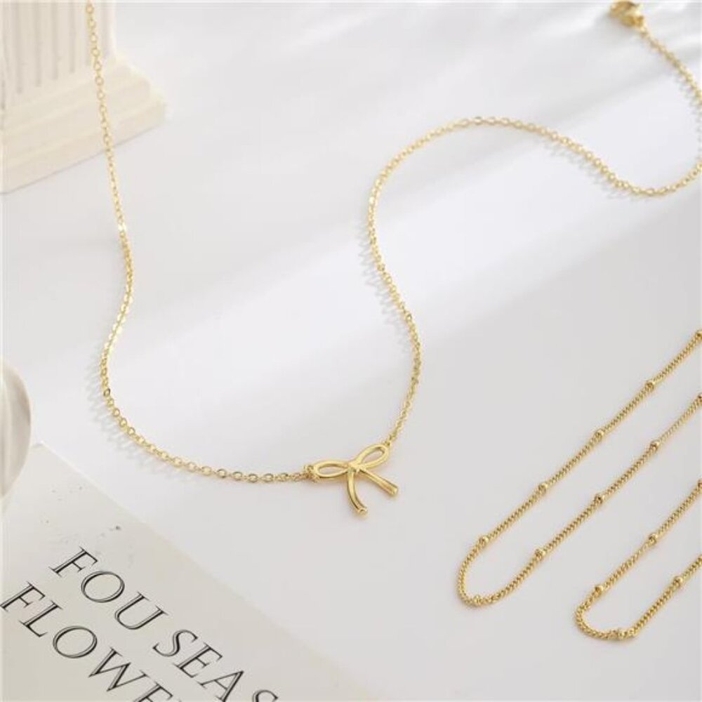 Gold Necklace for Women Bow Necklace 14K Dainty Layered Gold Necklace - Picture 7 of 8